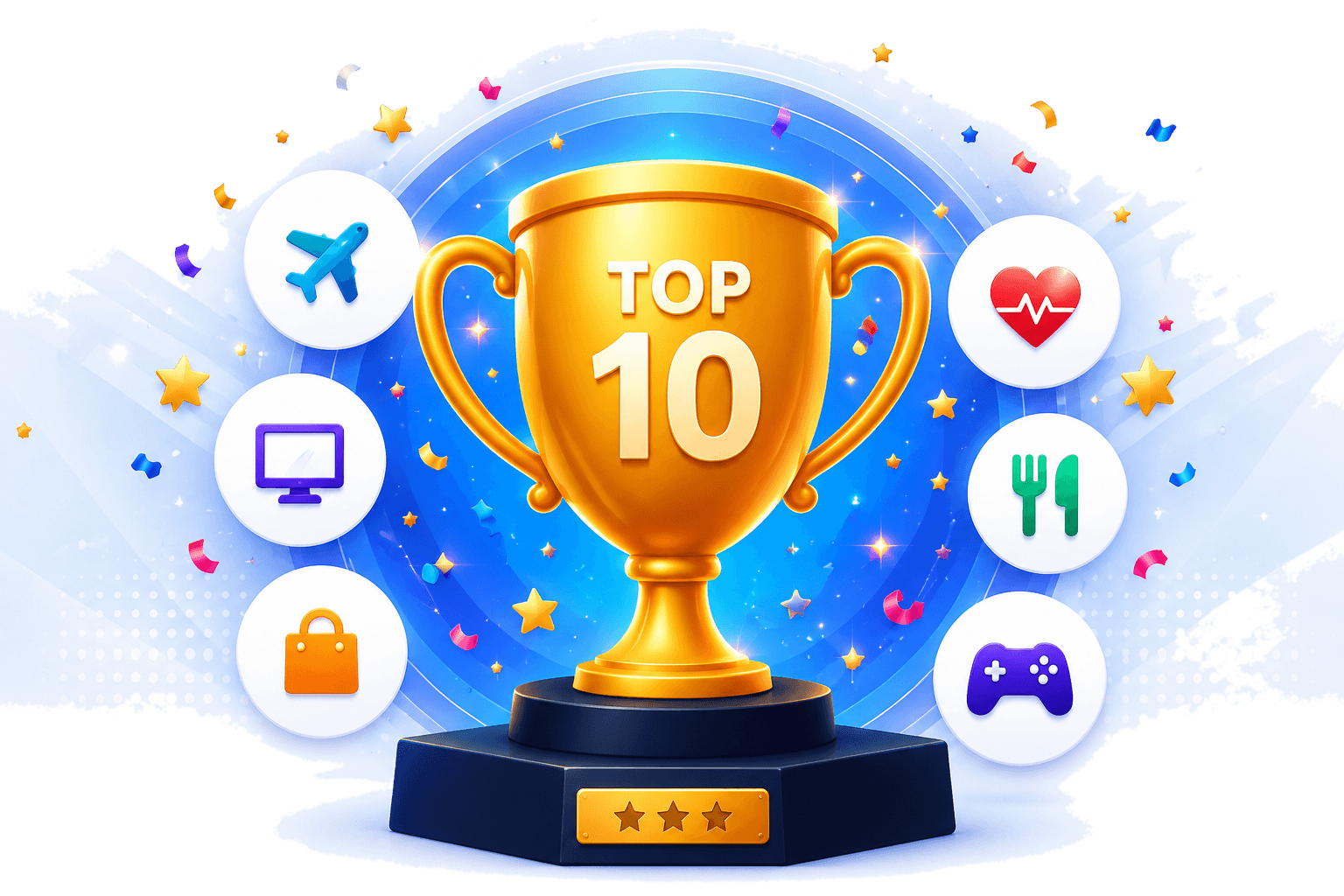 Top 10 golden trophy surrounded by category icons